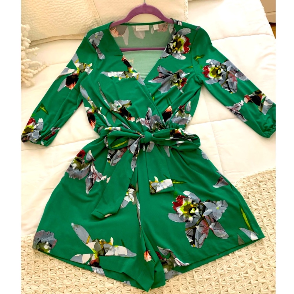New York & Company Floral Mid Sleeve Romper
